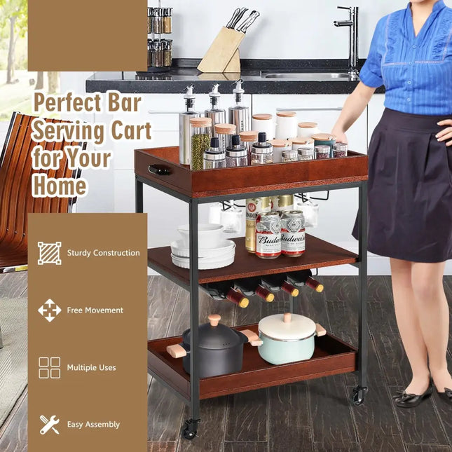 3 Tiers Kitchen Island Serving Bar Cart with Glasses Holder and Wine Bottle Rack Costway