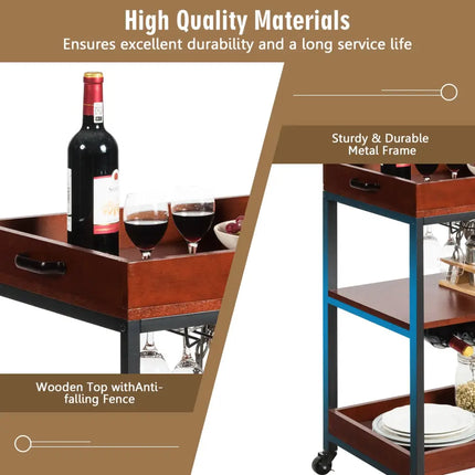 3 Tiers Kitchen Island Serving Bar Cart with Glasses Holder and Wine Bottle Rack Costway
