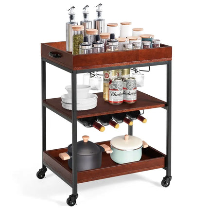 3 Tiers Kitchen Island Serving Bar Cart with Glasses Holder and Wine Bottle Rack Costway