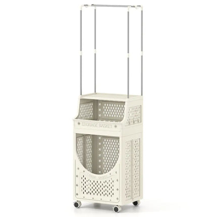 3-Tiers Laundry Cart Folding Hamper with Hanging Bar and 8 Hanging Hooks - Beige - Laundry Baskets