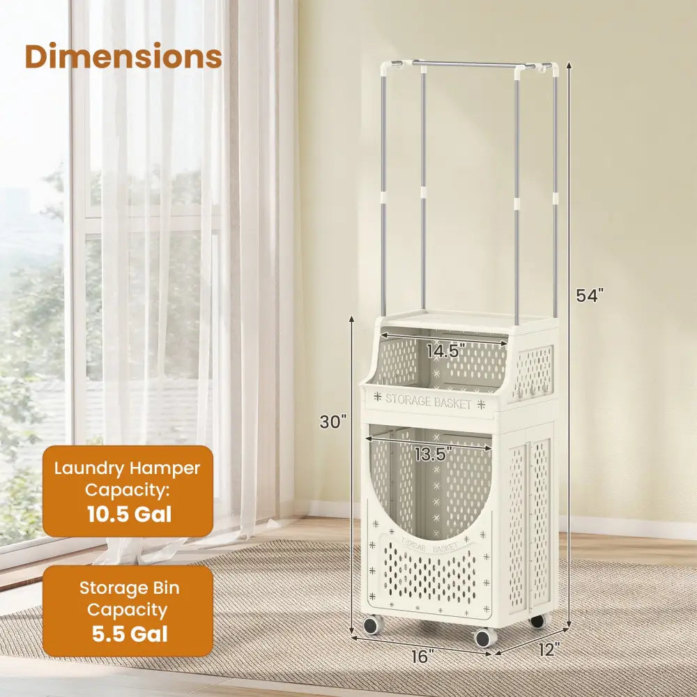 3-Tiers Laundry Cart Folding Hamper with Hanging Bar and 8 Hanging Hooks - Beige - Laundry Baskets