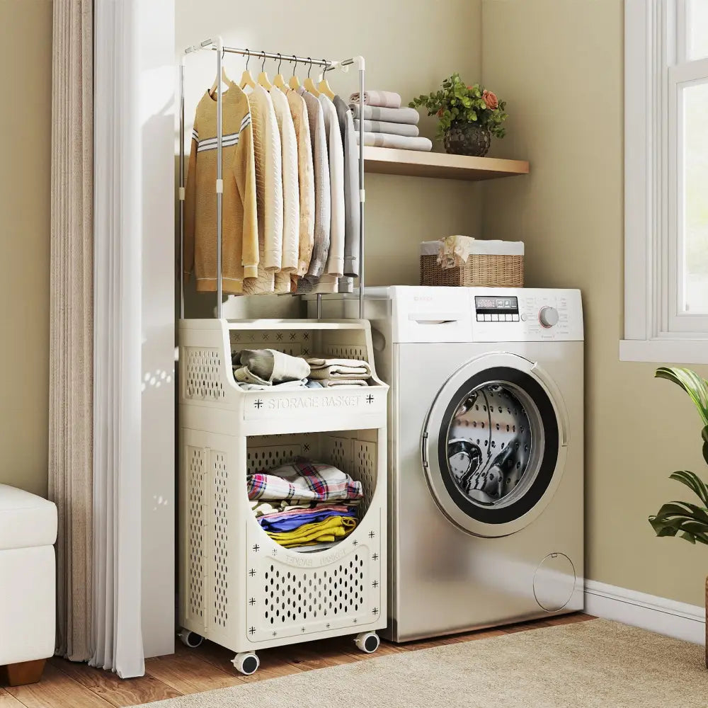 3-Tiers Laundry Cart Folding Hamper with Hanging Bar and 8 Hanging Hooks - Beige - Laundry Baskets