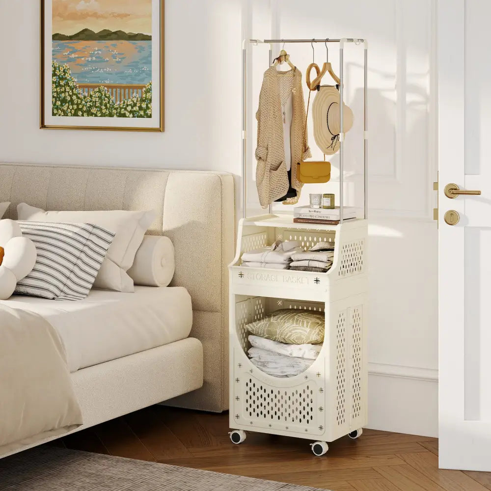 3-Tiers Laundry Cart Folding Hamper with Hanging Bar and 8 Hanging Hooks - Beige - Laundry Baskets