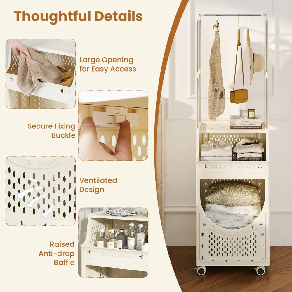 3-Tiers Laundry Cart Folding Hamper with Hanging Bar and 8 Hanging Hooks - Beige - Laundry Baskets