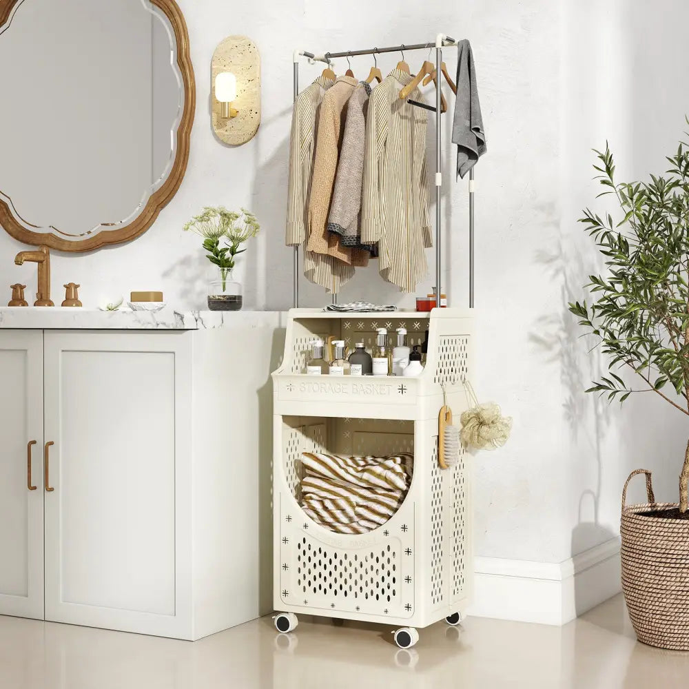 3-Tiers Laundry Cart Folding Hamper with Hanging Bar and 8 Hanging Hooks - Beige - Laundry Baskets