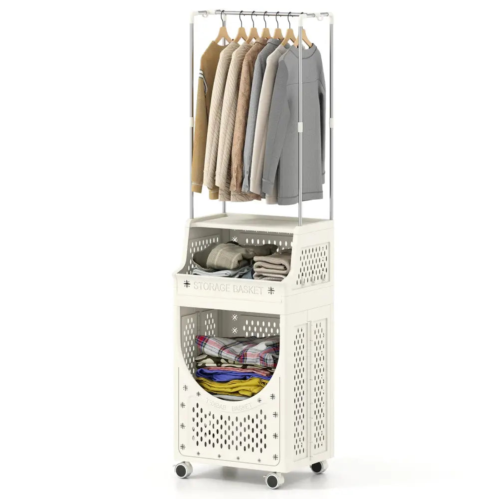 3-Tiers Laundry Cart Folding Hamper with Hanging Bar and 8 Hanging Hooks - Beige - Laundry Baskets