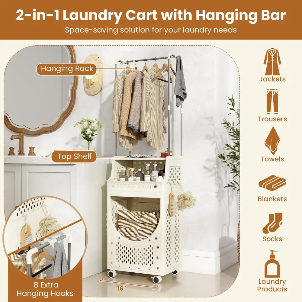 3-Tiers Laundry Cart Folding Hamper with Hanging Bar and 8 Hanging Hooks - Beige - Laundry Baskets