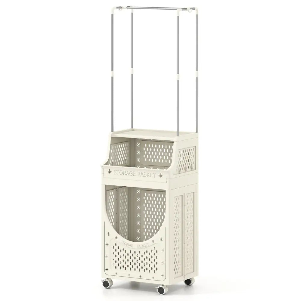 3-Tiers Laundry Cart Folding Hamper with Hanging Bar and 8 Hanging Hooks - Beige - Laundry Baskets