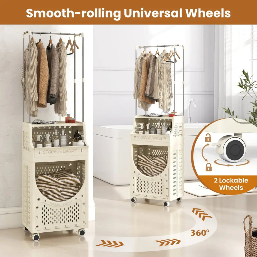 3-Tiers Laundry Cart Folding Hamper with Hanging Bar and 8 Hanging Hooks - Beige - Laundry Baskets