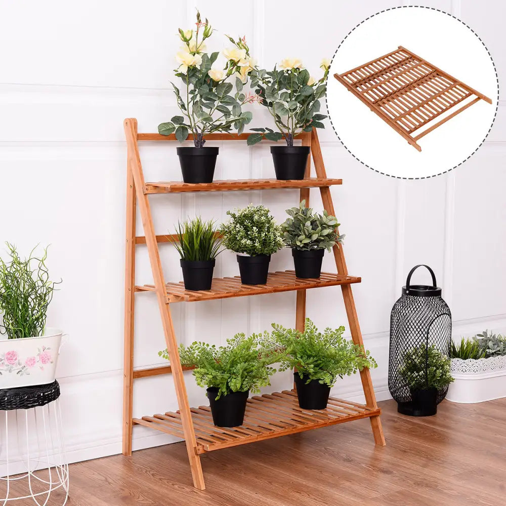 3 Tiers Outdoor Stand Bamboo Flower Pot Shelf - Natural - Plant Stands