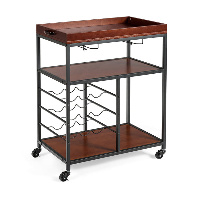 3 Tiers Storage Bar Serving Cart with Wine Rack - Brown - Kitchen Islands & Carts