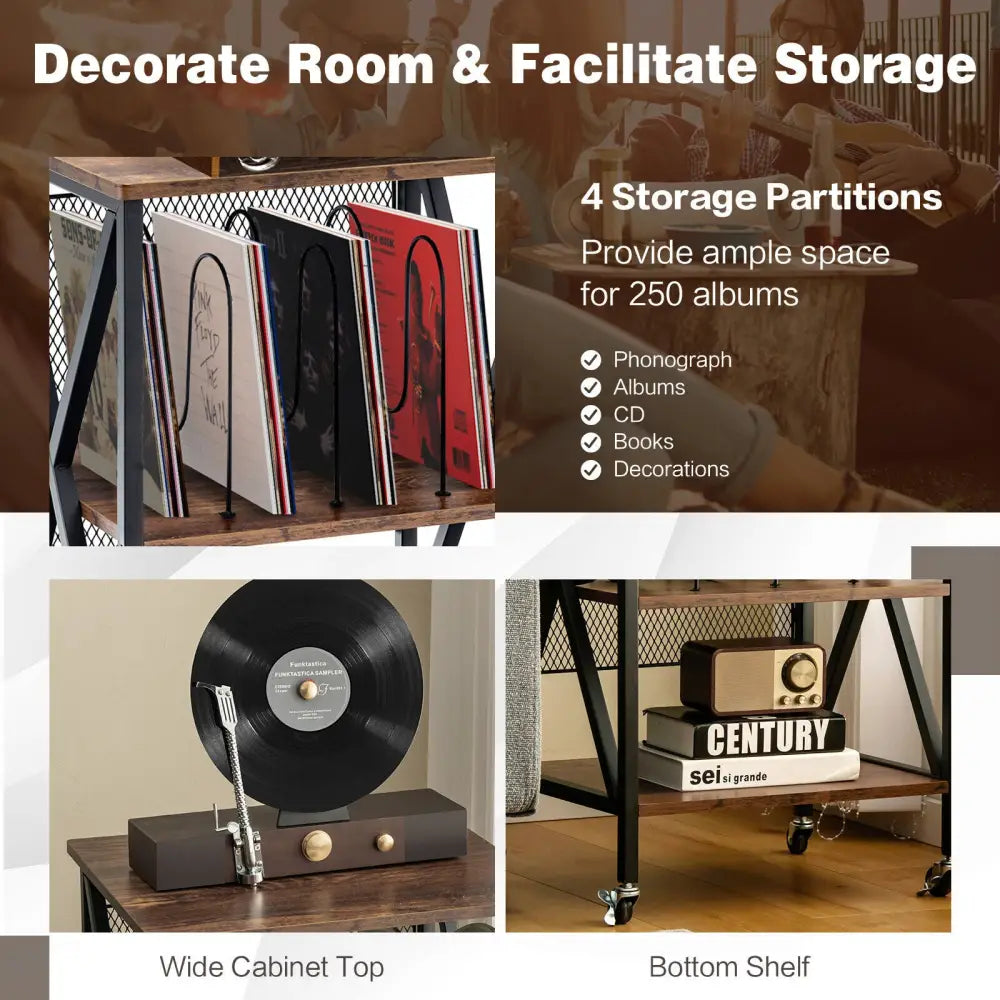 3 Tiers Vintage Style Rolling End Table with 3 Dividers for Albums-Brown - Brown - End & Side Tables