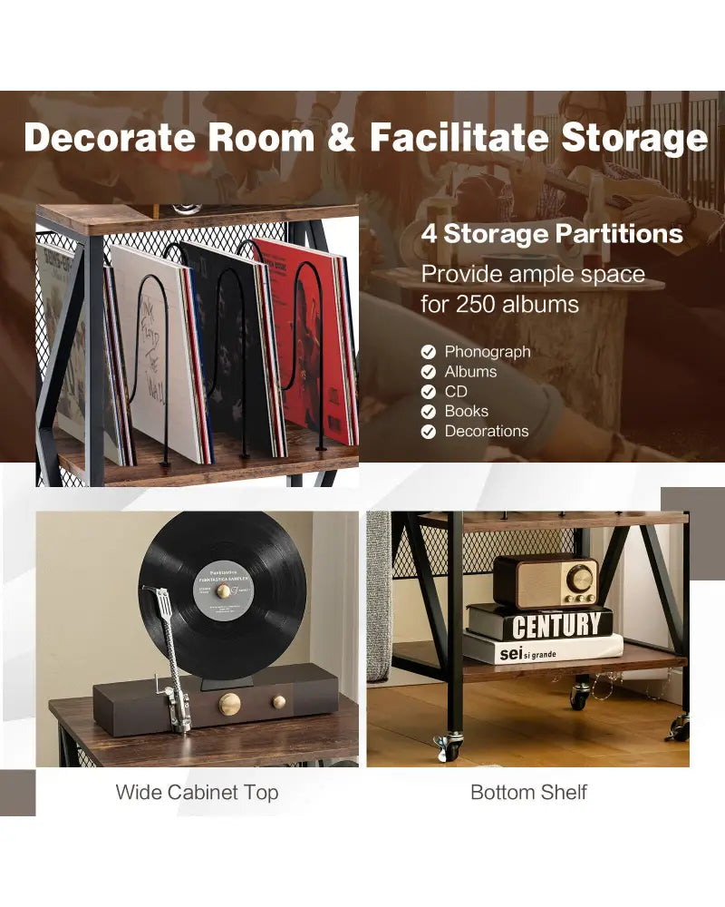 3 Tiers Vintage Style Rolling End Table with 3 Dividers for Albums-Brown - Brown - End & Side Tables