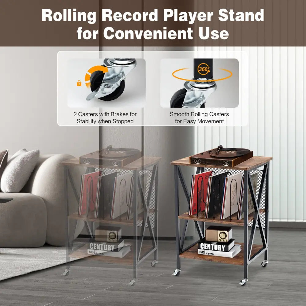 3 Tiers Vintage Style Rolling End Table with 3 Dividers for Albums-Brown - Brown - End & Side Tables