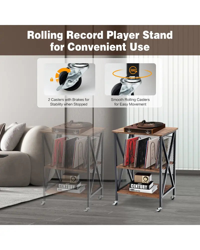 3 Tiers Vintage Style Rolling End Table with 3 Dividers for Albums-Brown - Brown - End & Side Tables