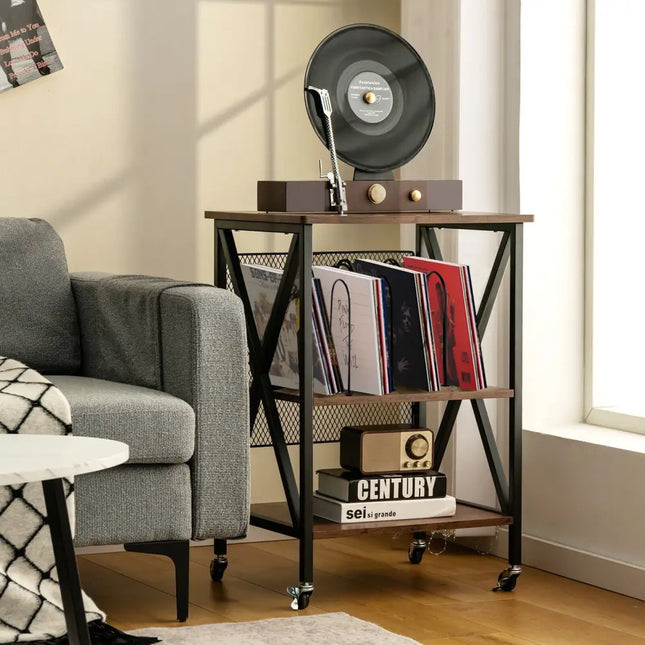3 Tiers Vintage Style Rolling End Table with 3 Dividers for Albums-Brown Costway