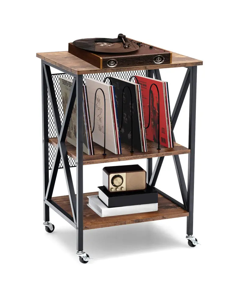 3 Tiers Vintage Style Rolling End Table with 3 Dividers for Albums-Brown - Brown - End & Side Tables