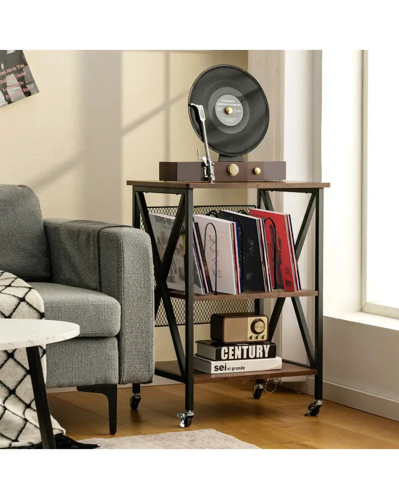 3 Tiers Vintage Style Rolling End Table with 3 Dividers for Albums-Brown - Brown - End & Side Tables