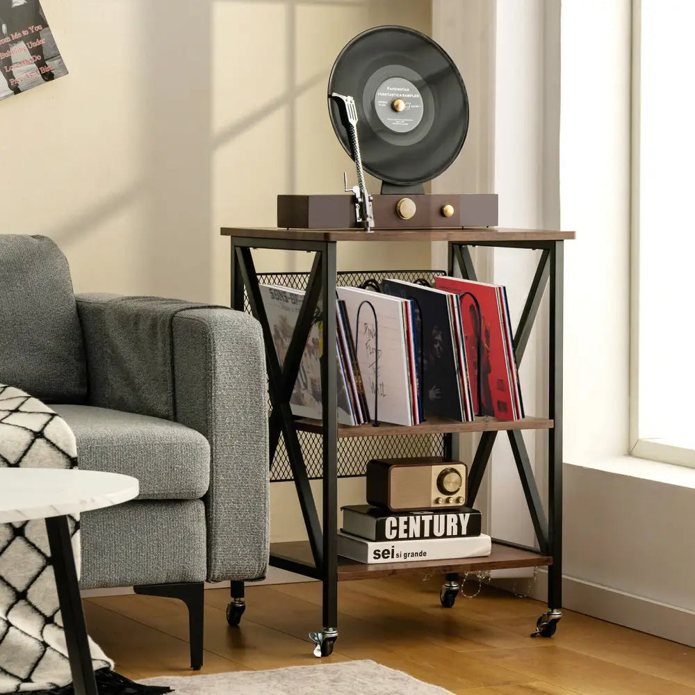 3 Tiers Vintage Style Rolling End Table with 3 Dividers for Albums-Brown - Brown - End & Side Tables