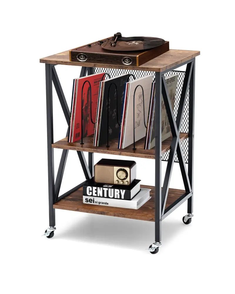 3 Tiers Vintage Style Rolling End Table with 3 Dividers for Albums-Brown - Brown - End & Side Tables