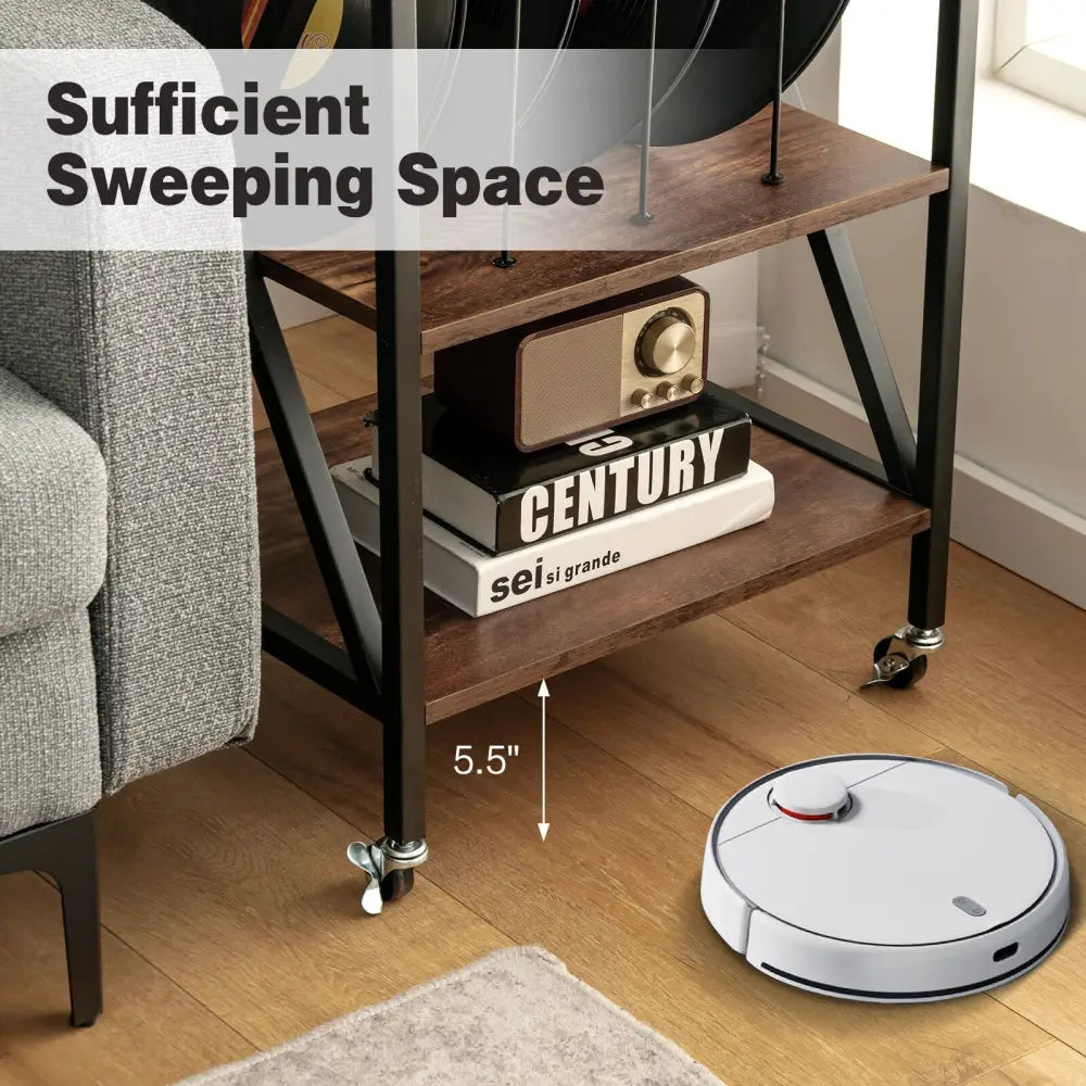 3 Tiers Vintage Style Rolling End Table with 3 Dividers for Albums-Brown - Brown - End & Side Tables