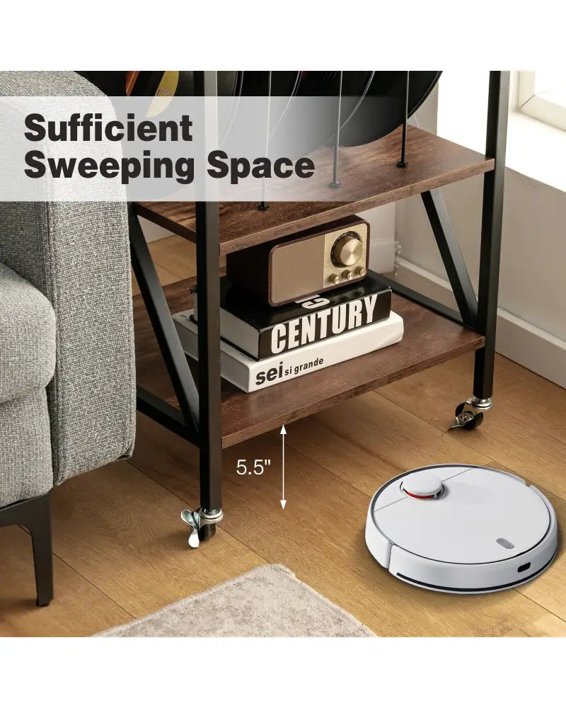 3 Tiers Vintage Style Rolling End Table with 3 Dividers for Albums-Brown - Brown - End & Side Tables