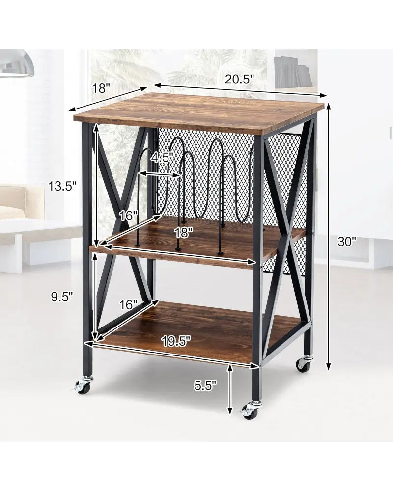3 Tiers Vintage Style Rolling End Table with 3 Dividers for Albums-Brown - Brown - End & Side Tables