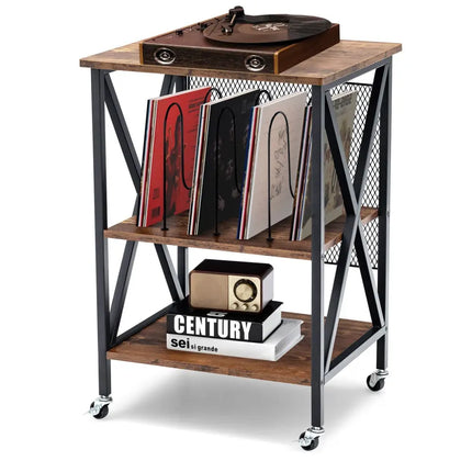 3 Tiers Vintage Style Rolling End Table with 3 Dividers for Albums-Brown Costway
