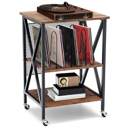 3 Tiers Vintage Style Rolling End Table with 3 Dividers for Albums-Brown Costway