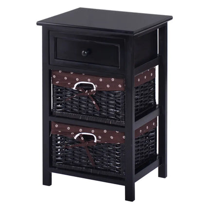 3 Tiers Wooden Storage Nightstand with 2 Baskets and 1 Drawer-black - Black - Nightstands