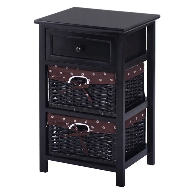 3 Tiers Wooden Storage Nightstand with 2 Baskets and 1 Drawer-black - Black - Nightstands