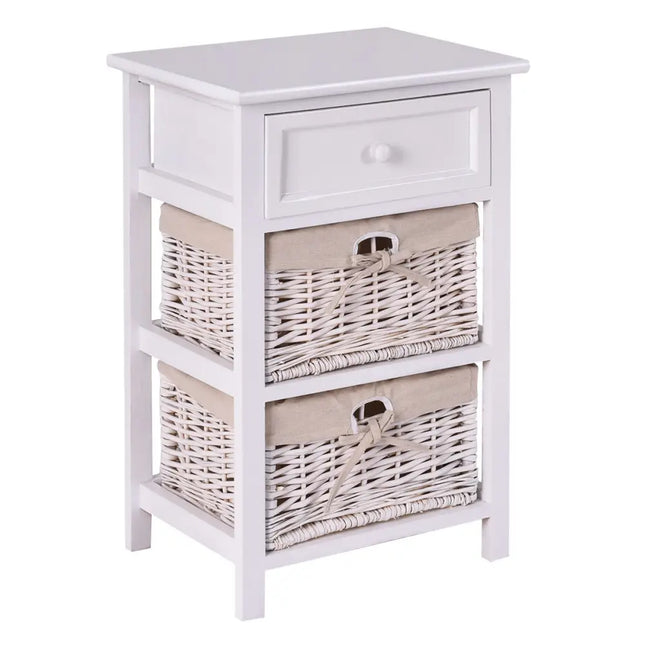 3 Tiers Wooden Storage Nightstand with 2 Baskets and 1 Drawer-white - White - Nightstands