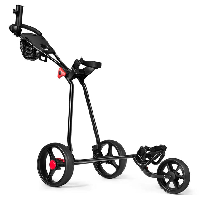 3 Wheel Durable Foldable Steel Golf Cart with Mesh Bag - Black - Golf