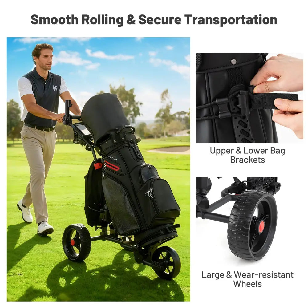3 Wheel Golf Bag Cart with Adjustable Handle and 9 Speed Settings - Golf
