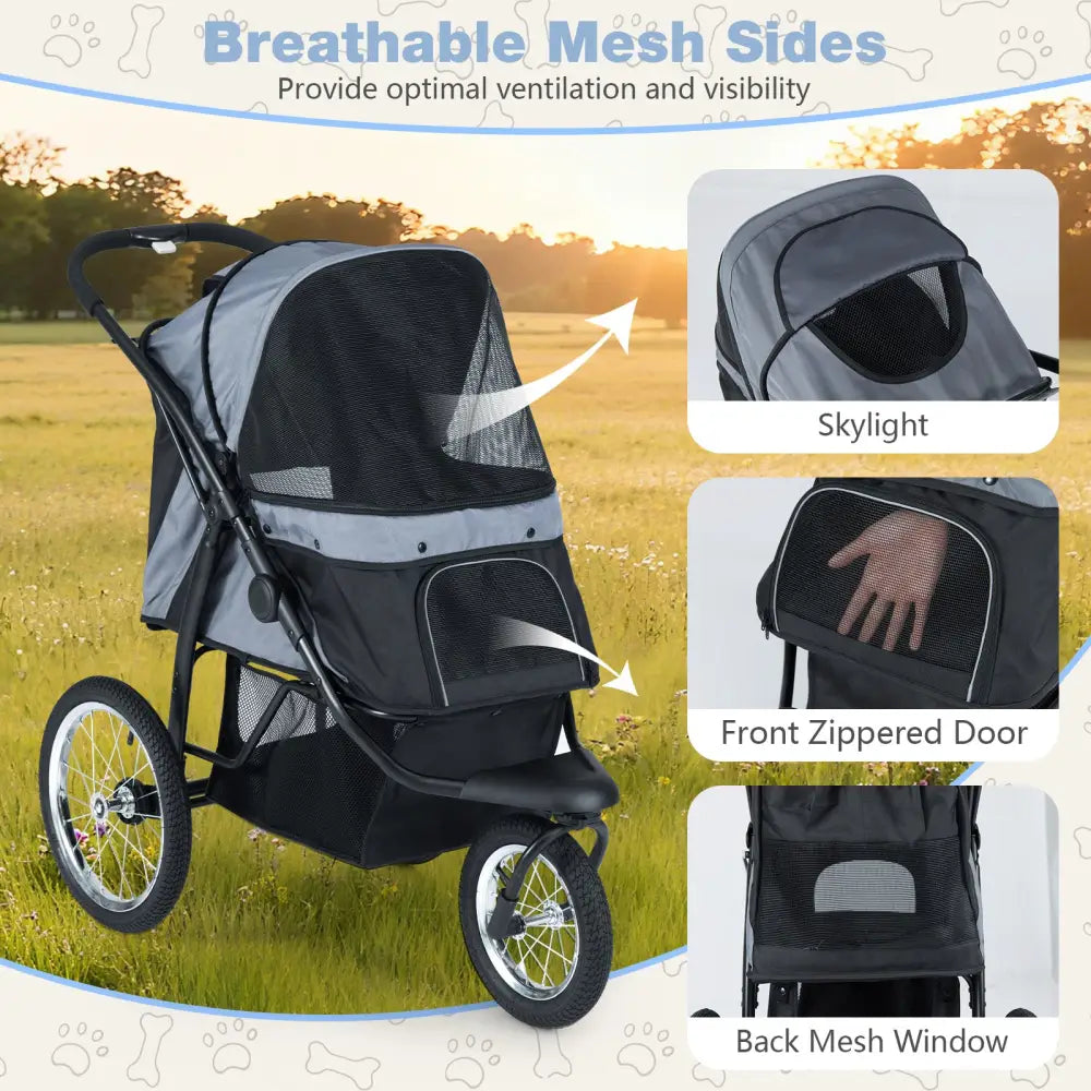 3-Wheel Pet Stroller for Small and Medium Dogs Foldable Cat Stroller Jogger-Gray - Gray - Dog Supplies