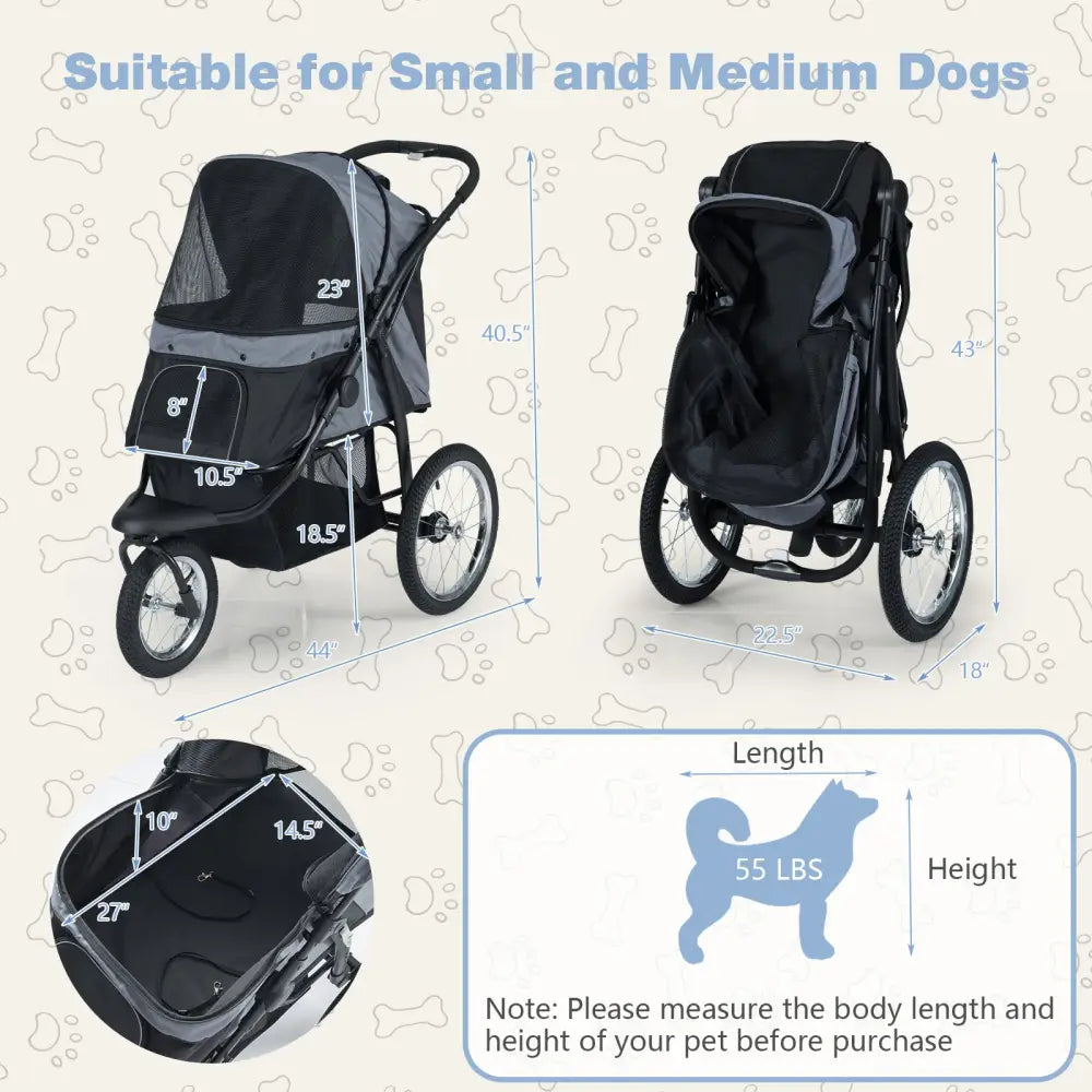 3-Wheel Pet Stroller for Small and Medium Dogs Foldable Cat Stroller Jogger-Gray - Gray - Dog Supplies