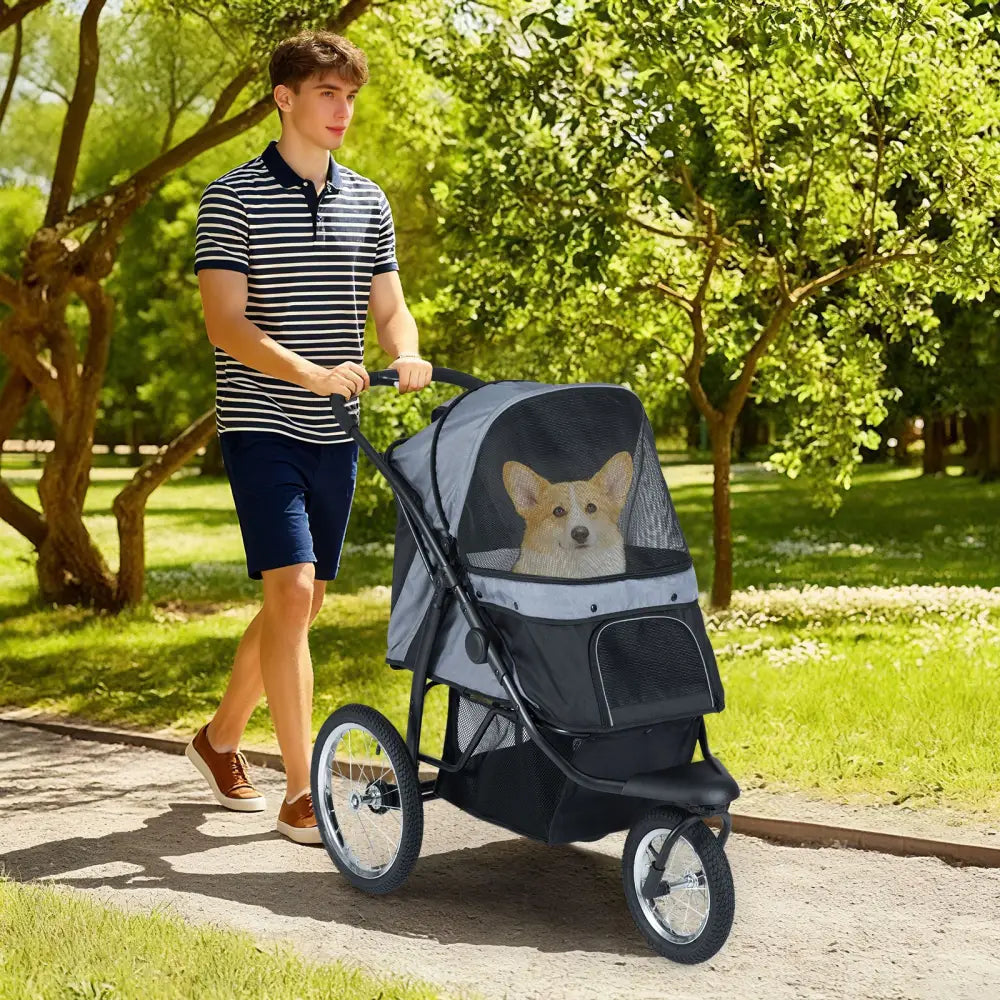 3-Wheel Pet Stroller for Small and Medium Dogs Foldable Cat Stroller Jogger-Gray - Gray - Dog Supplies