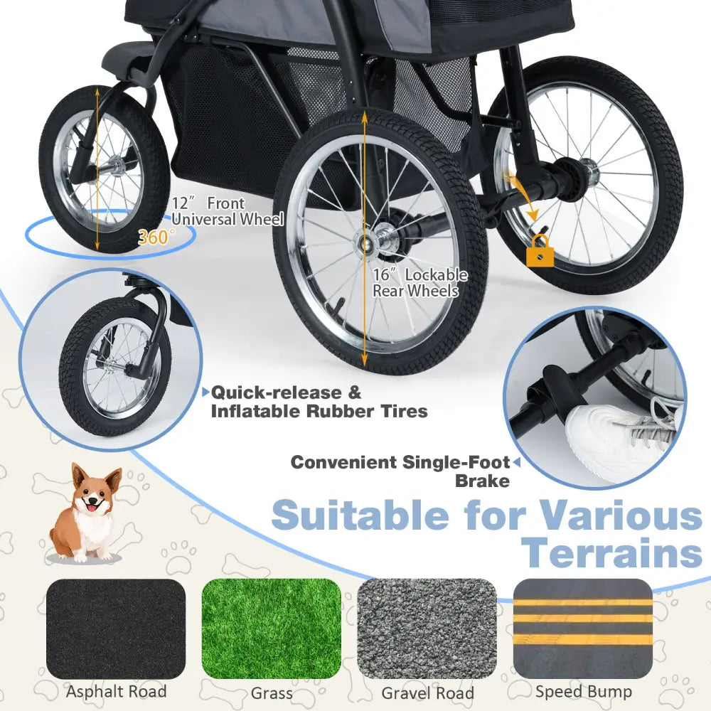 3-Wheel Pet Stroller for Small and Medium Dogs Foldable Cat Stroller Jogger-Gray - Gray - Dog Supplies