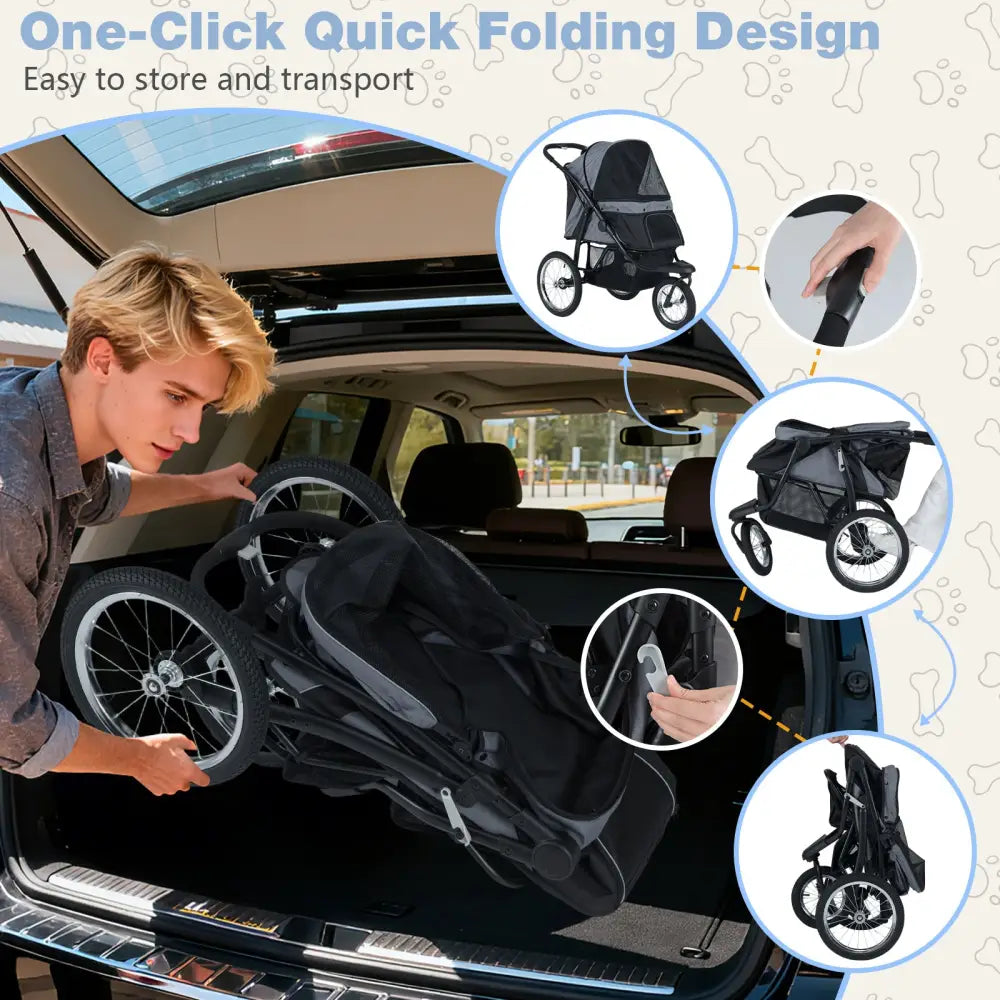3-Wheel Pet Stroller for Small and Medium Dogs Foldable Cat Stroller Jogger-Gray - Gray - Dog Supplies