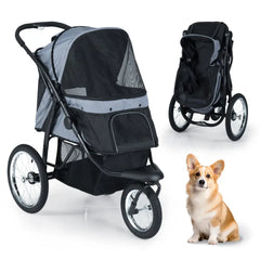 3-Wheel Pet Stroller for Small and Medium Dogs Foldable Cat Stroller Jogger-Gray - Gray - Dog Supplies