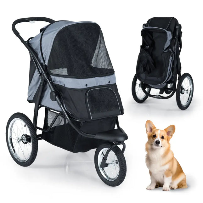 3-Wheel Pet Stroller for Small and Medium Dogs Foldable Cat Stroller Jogger-Gray - Gray - Dog Supplies