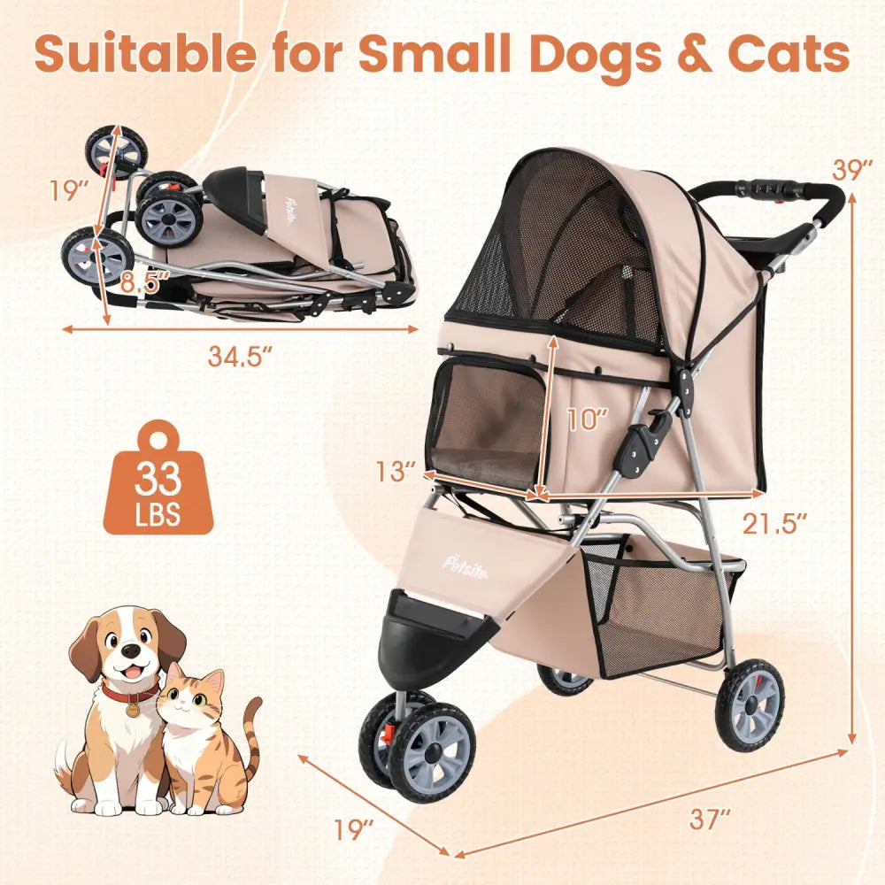 3 Wheel Pet Stroller for Small Dogs Cats up to 33 LBS-Beige - Beige - Dog Supplies