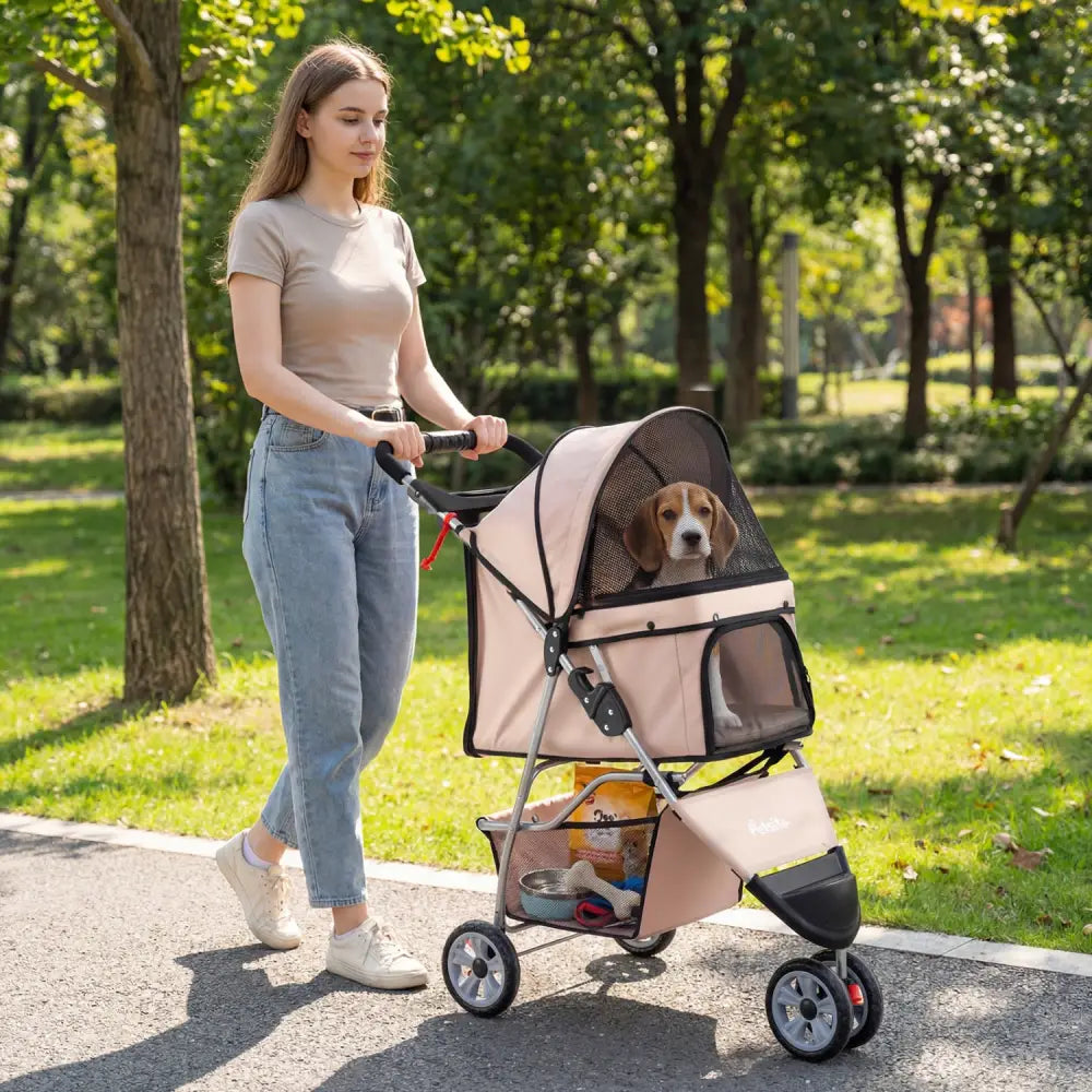 3 Wheel Pet Stroller for Small Dogs Cats up to 33 LBS-Beige - Beige - Dog Supplies