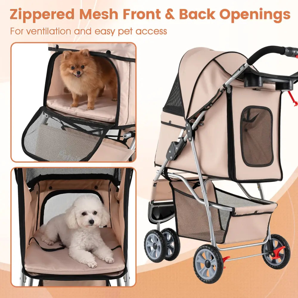 3 Wheel Pet Stroller for Small Dogs Cats up to 33 LBS-Beige - Beige - Dog Supplies
