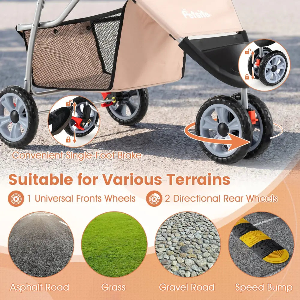 3 Wheel Pet Stroller for Small Dogs Cats up to 33 LBS-Beige - Beige - Dog Supplies