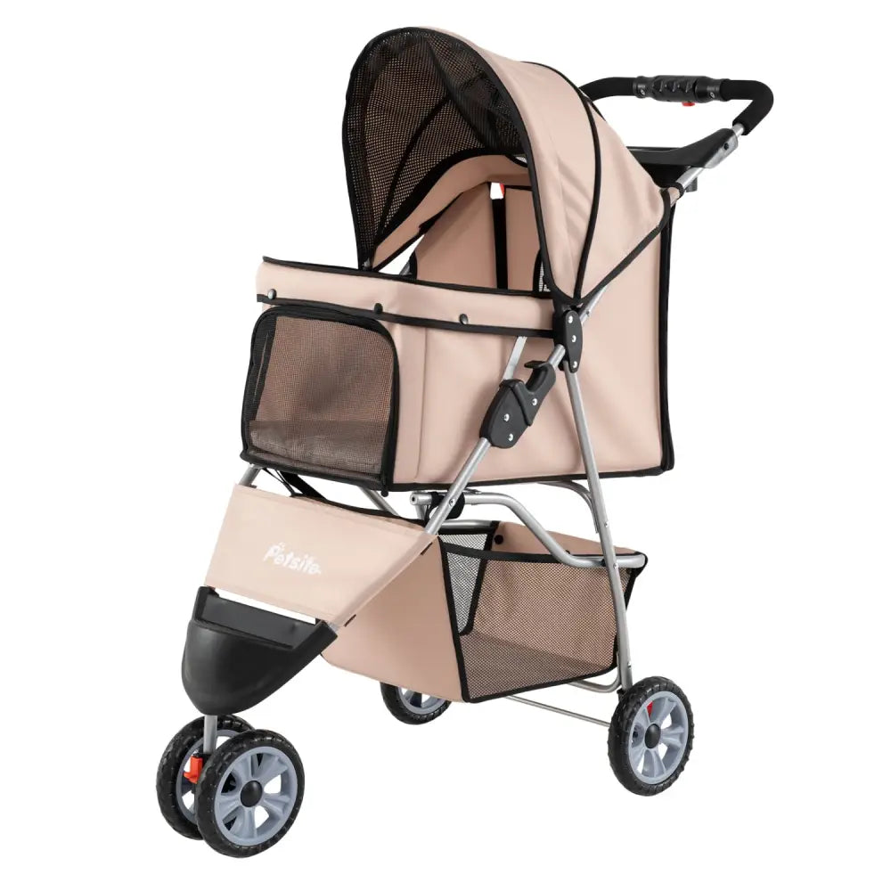 3 Wheel Pet Stroller for Small Dogs Cats up to 33 LBS-Beige - Beige - Dog Supplies