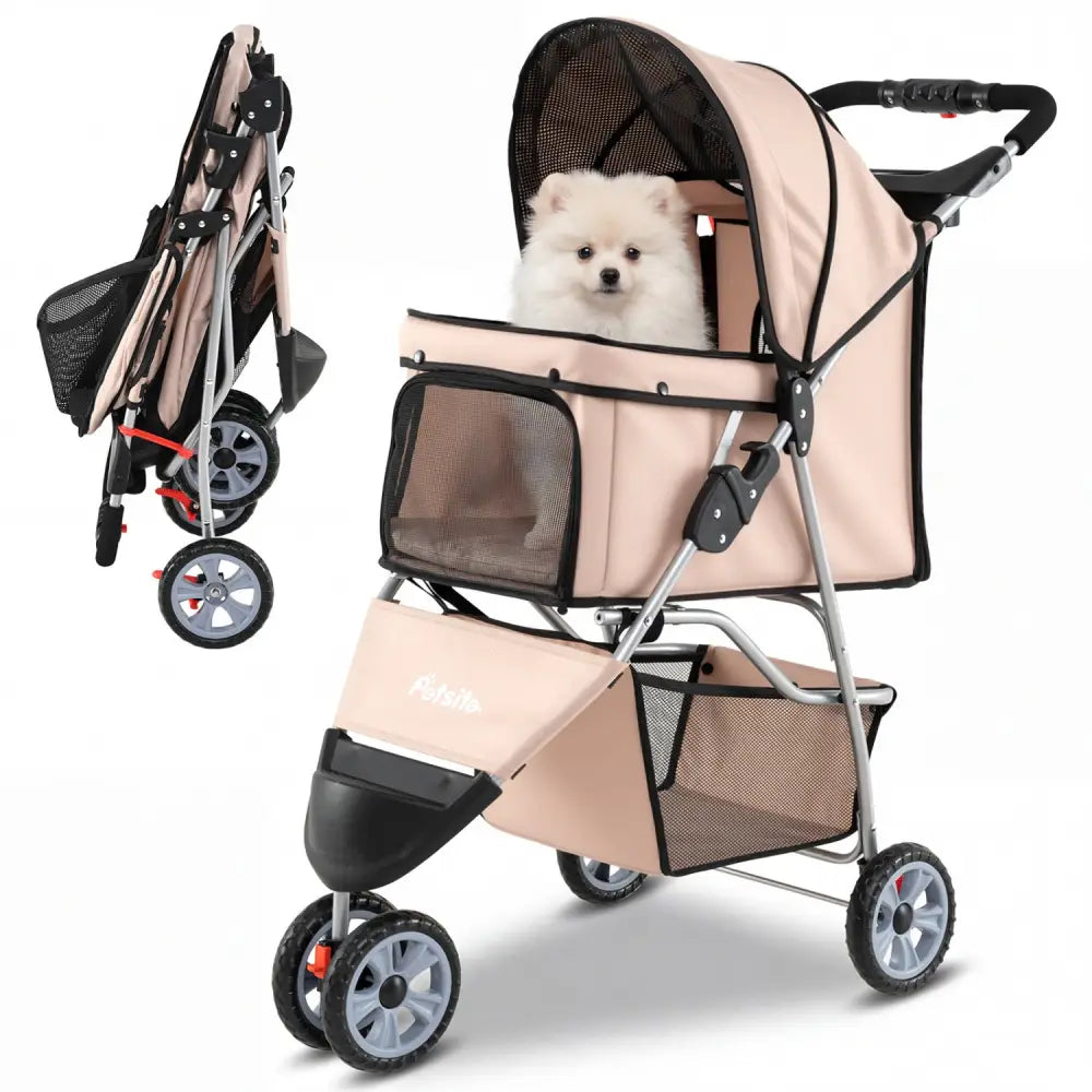 3 Wheel Pet Stroller for Small Dogs Cats up to 33 LBS-Beige - Beige - Dog Supplies