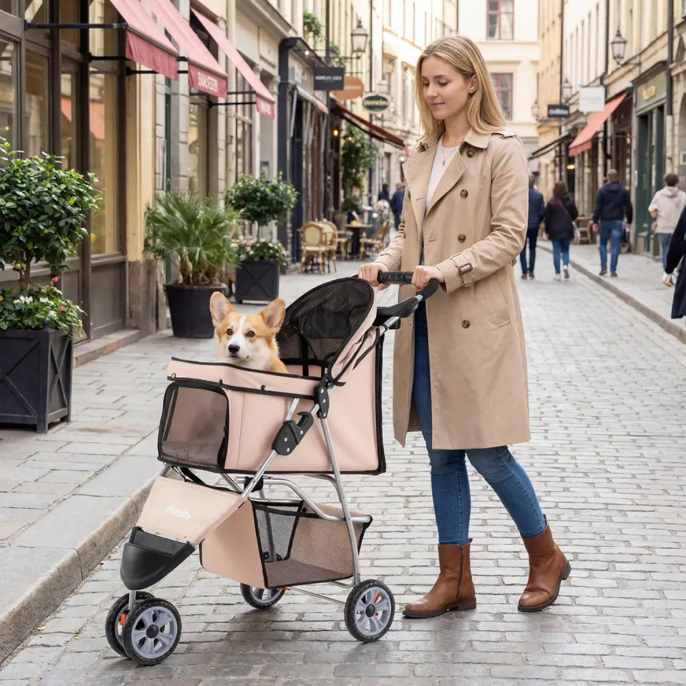 3 Wheel Pet Stroller for Small Dogs Cats up to 33 LBS-Beige - Beige - Dog Supplies