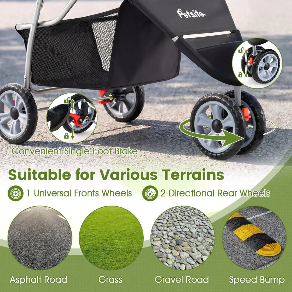 3 Wheel Pet Stroller for Small Dogs Cats up to 33 LBS-Black - Black - Dog Supplies