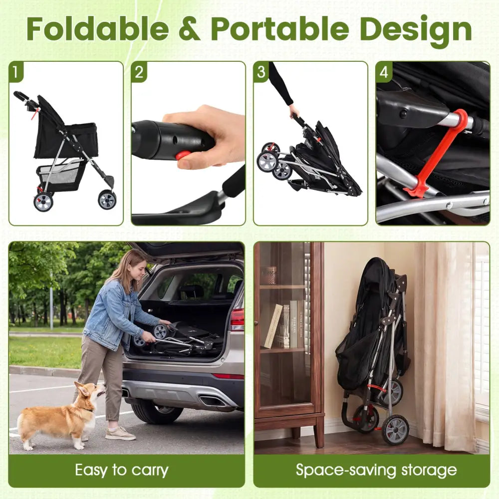 3 Wheel Pet Stroller for Small Dogs Cats up to 33 LBS-Black - Black - Dog Supplies
